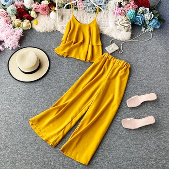 

2020 Summer Women Two Piece Set Elegant Solid Yellow/Black/Red Round Neck Camis Tops + High Waist Pants 2pcs Set For Female New
