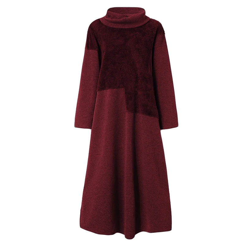 Модная водолазка с капюшоном, платье, Женский Осенний сарафан, ZANZEA, повседневные толстовки, пуловеры для женщин, Pacthwork Robe размера плюс 5XL - Цвет: Wine Red