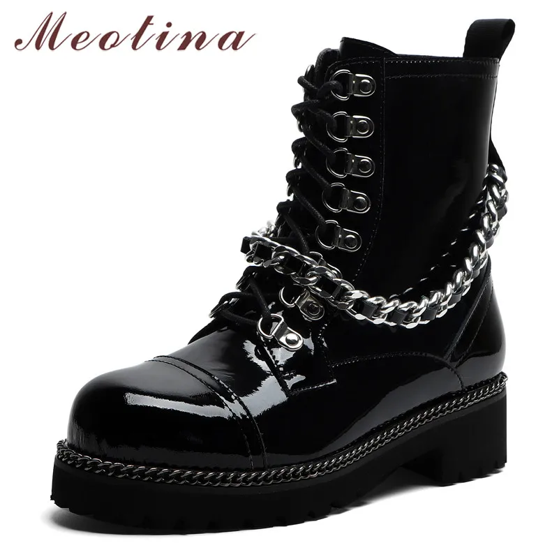 

Meotina Autumn Motorcycle Boots Women Natural Genuine Leather Zip Thick Heel Ankle Boots Chain Round Toe Shoes Female Size 34-42