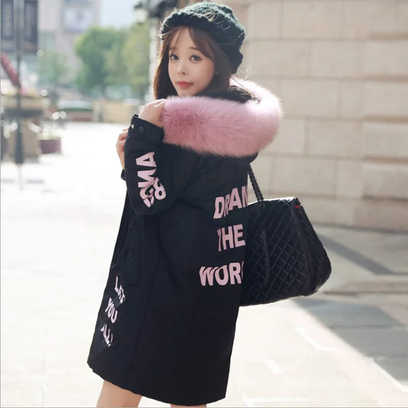 

2018 Winter New Style WOMEN'S Dress Large Size Hooded Fur Collar Mid-length Zipper Lettered Pattern Mid-length Hot Selling Cotto