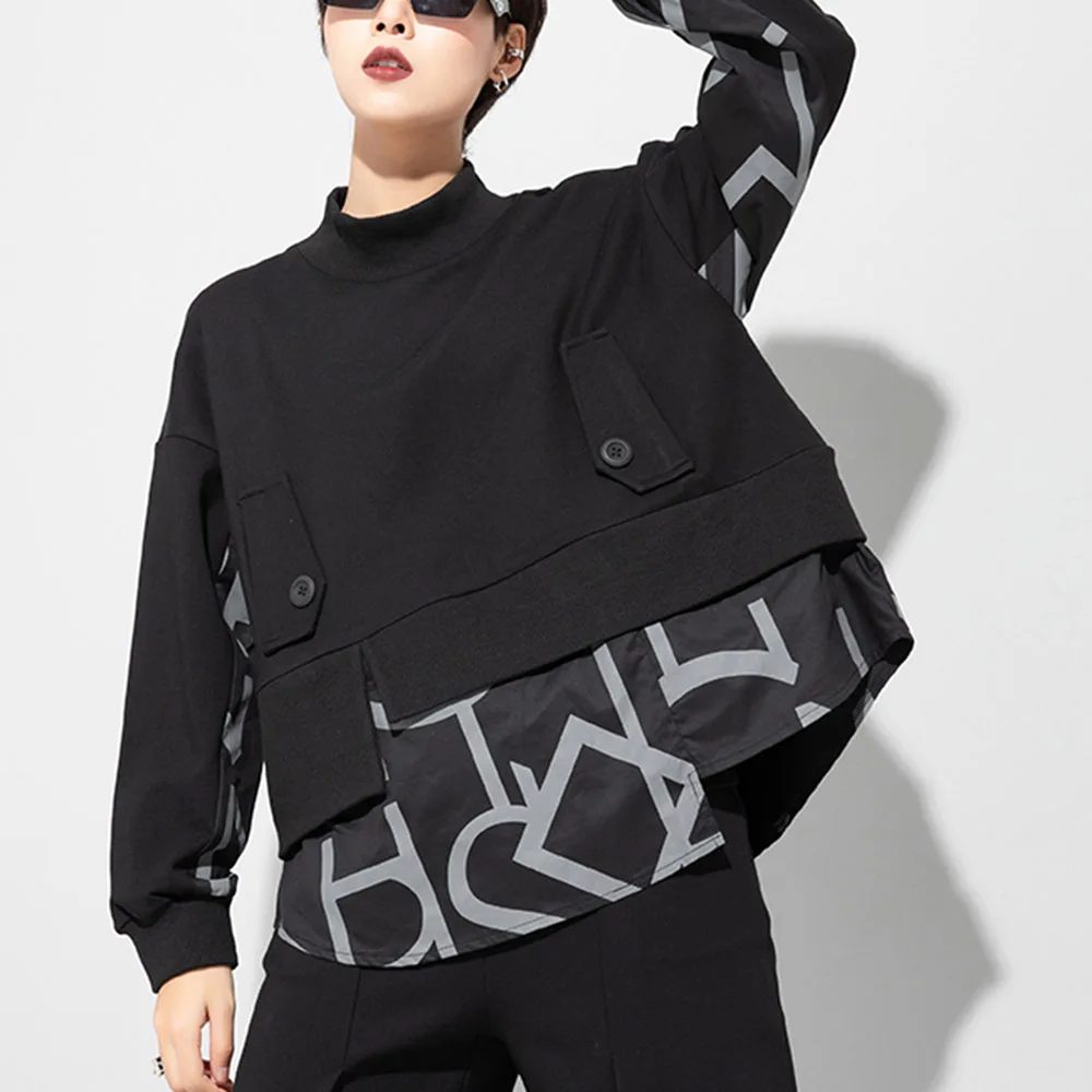 

Goth Hoodie Fake 2 Pieces Patchwork Sweatshirt Women Casual Loose BF Style Harajuku Chic Female Pullover Streetwear Trendy