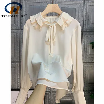 

12.18 Women New 100% Silk Shirt Fashion Temperament Ruffled collar Bow Single breasted Blouses