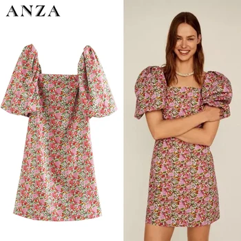 

ANZA Women French Style Minidress With Slash Neck Floral Print Short Sleeve Minidress Femme Robe Pink Dress