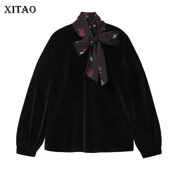 

XITAO Personality Patchwork Print Shirt Women Clothes 2020 Fashion Bandage Bow Pleated Full Sleeve Casual Blouse New XJ3472