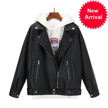 

Soft Loose Sungtin PU Leather Jacket Women Black Biker Motorcycle Coat Short Faux Leather Streetwear Female Punk Boyfriend Style