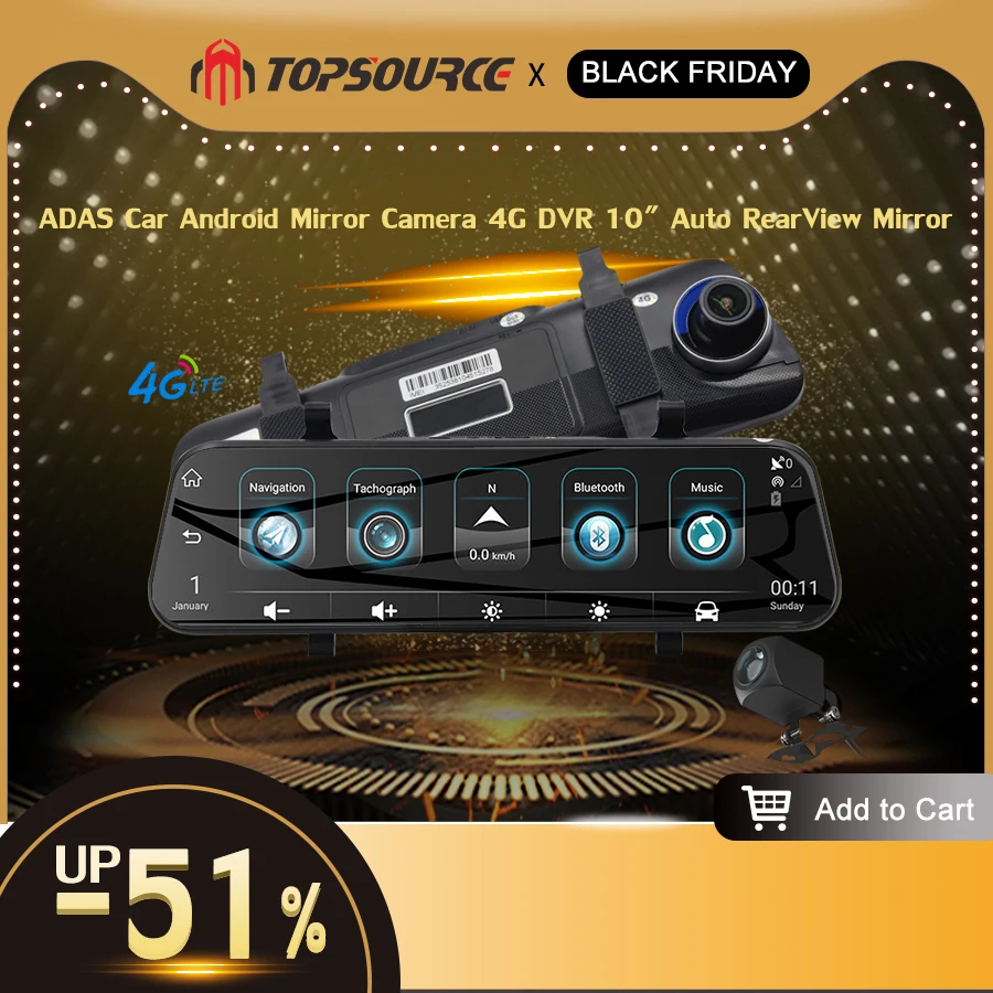 

TOPSOURCE ADAS Car Android Mirror Camera 4G DVR 10" Auto RearView Mirror 1080P WiFi GPS Dash Cam Registrar Video Recorder