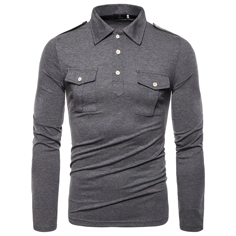 

T-shirt Men Clothes 2019 Solid Turn-down Collar Military Slim Long Sleeve Shirts Autumn Streetwear T-shirt Plus Size Men Tops