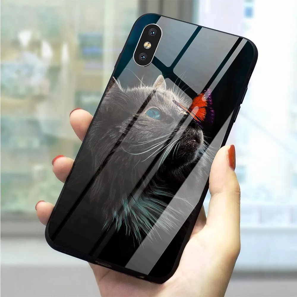 

Slim Butterfly Cat Tempered Glass Phone Cover for iPhone 5 Case XR X 7 8 Plus 6 6S 5S SE Xs Max Cases Back 11 pro