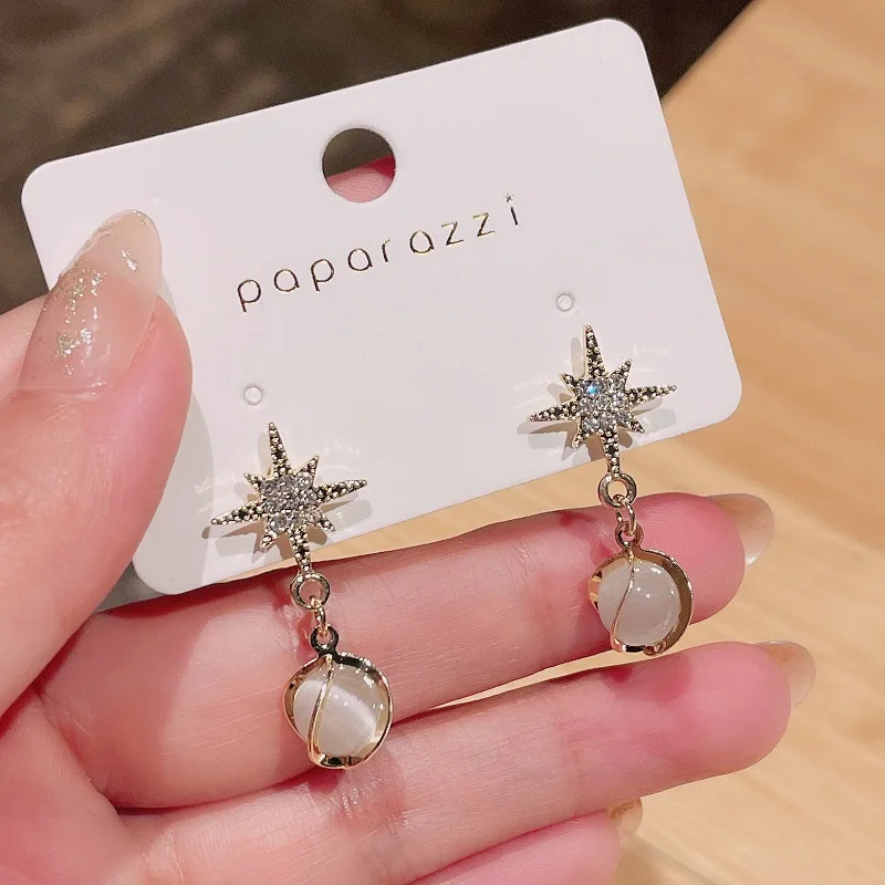 Tiny Opal Moon &amp Star Earrings Gold White Fire Stud long tassel Earring Petite Minimalist for Women Jewelry | Украшения и