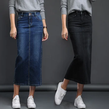 

Denim Women Skirts 2020 Back Split Denim Skirt Button Mide calf Skirts Women Long Denim Skirt High Waist Elastic Bag Arm Skirt