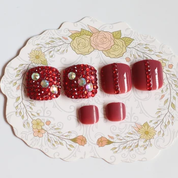 

24pcs Fashion Luxury Crystal Diamond Toenail Candy Color Fake Nails red brown