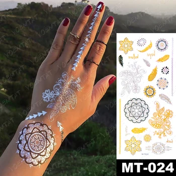 Autocollant de tatouage temporaire, résistant à l’eau, Mandala henné, or argent, Flash métallique, Boho, bijoux de fête, Bracelet à paillettes, Art corporel