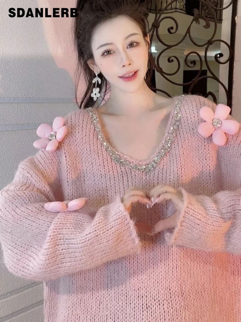 

2021 Winter New Loose V-neck Knitted Pullover Bead Idle Style Mohair Gentle Sweet Sweaters Long Sleeve Women's Clothing
