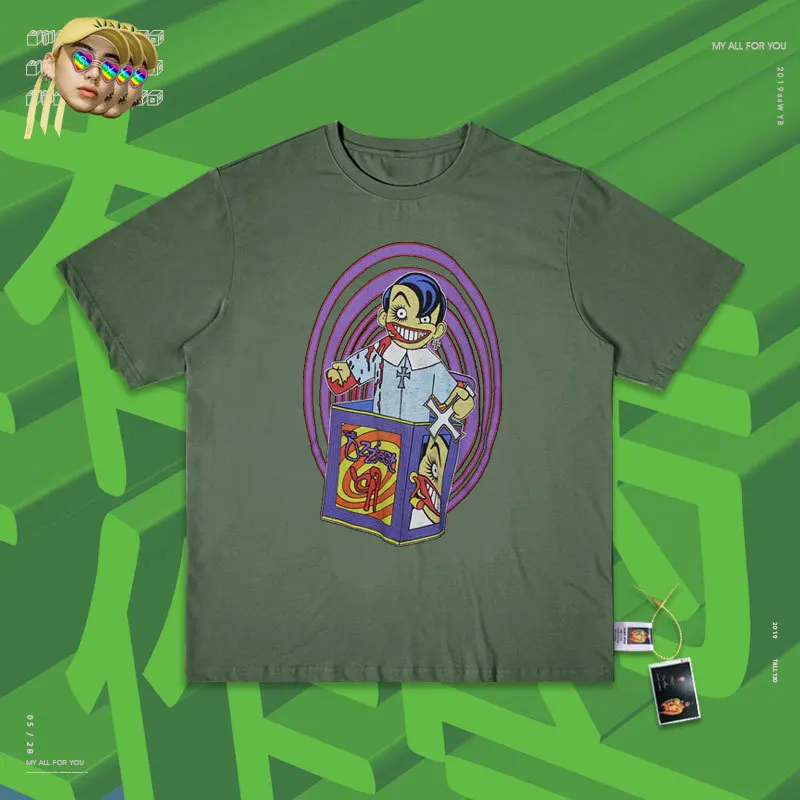 Inst рубашка прекрасный мультфильм ветер рука каракули Muppet кукла мальчик Су банд Чао печати короткий рукав женщина - Цвет: Army green