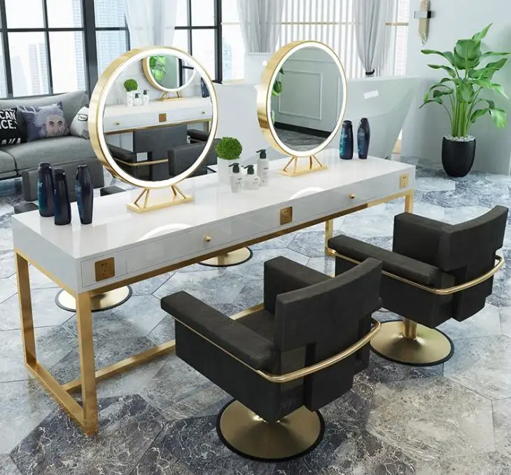 Hairdresser dressing table Barber shop double-sided mirror with lights Dressing table