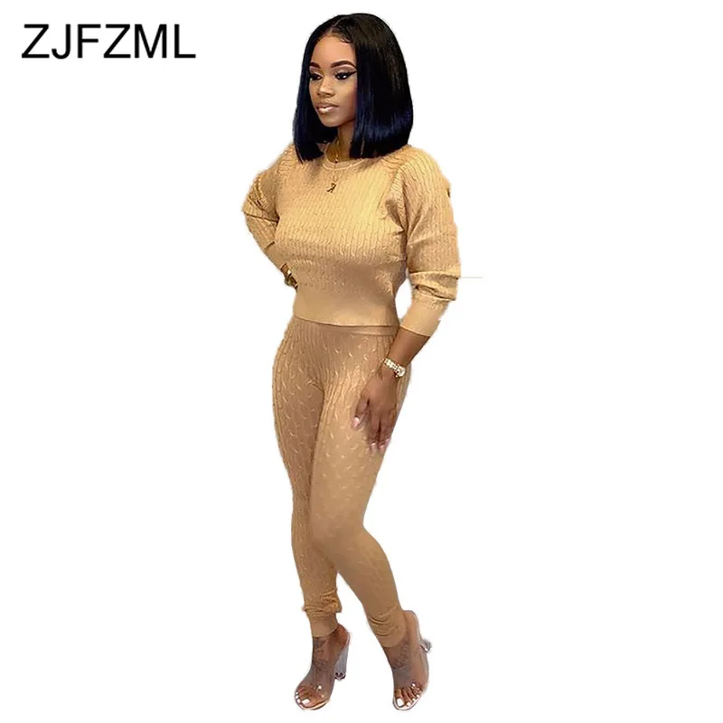 Sweater Knitted Two Piece Set Tracksuit For Women O Neck Long Sleeve Slim Fit Top And Fitness Pencil Pants Autumn Winter Outfit