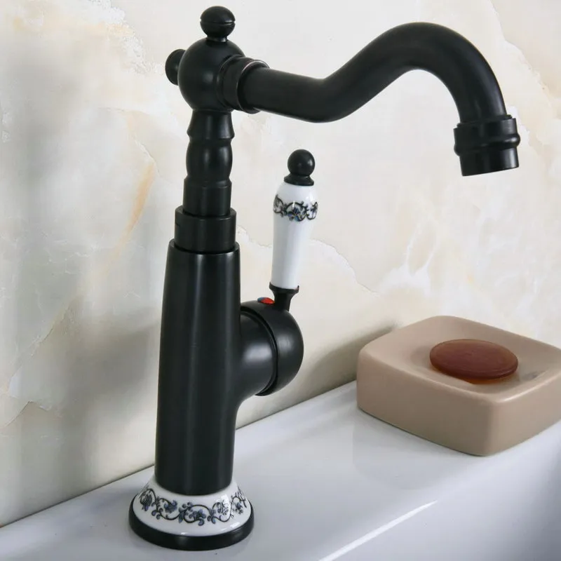 

Black Oil Rubbed Bronze Kitchen Wet Bar Bathroom Vessel Sink Faucet Mixer Tap Single Hole Swivel Spout Ceramic Base mnf652