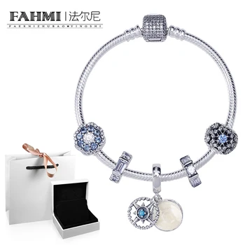

2020 100% 925 Sterling Silver 1:1 Women's Shiny Flower Mystery Compass Bracelet DIY Beaded Bracelet Set D59029 Free Shipping
