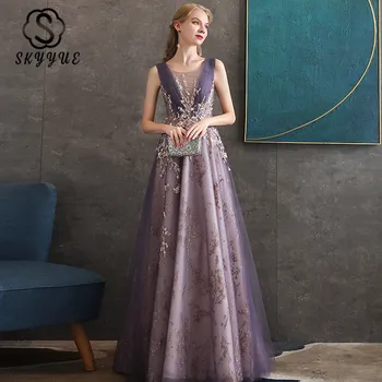 

Skyyue Evening Dresses Purple Sleeveless Elegant Robe De Soiree K325 O-Neck Floor-Length Sequined Plus Size Formal Party Gown