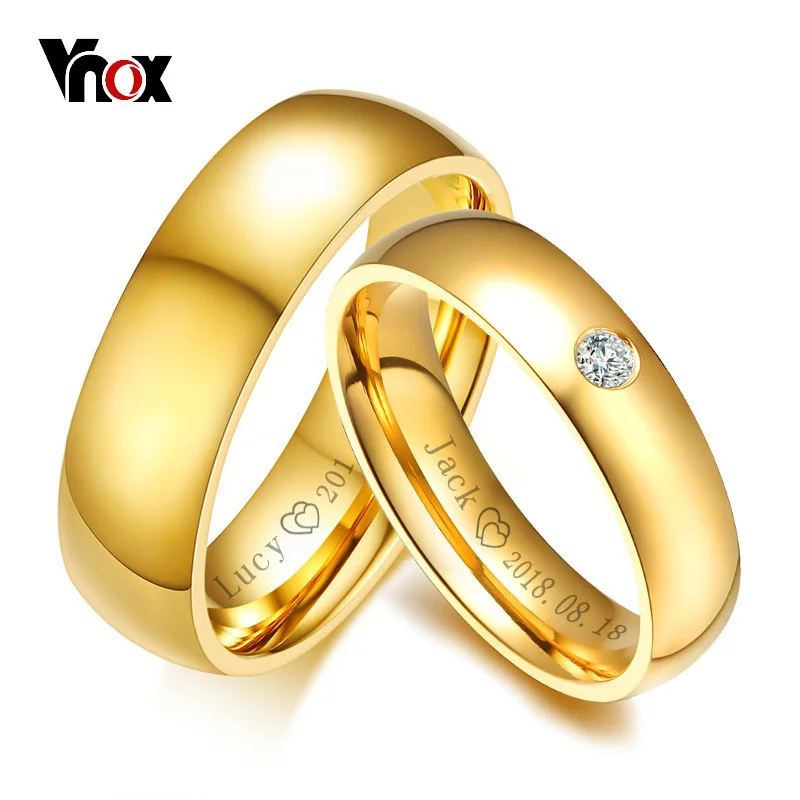 Vnox Classic Wedding Rings for Women Men Gold Color Stainless Steel Couple Band Anniversary Personalized Name Lovers Gift wedding couple treasure keepsake box happiness couple trinket box holder wedding couple ornament gift trinket box pack of 2