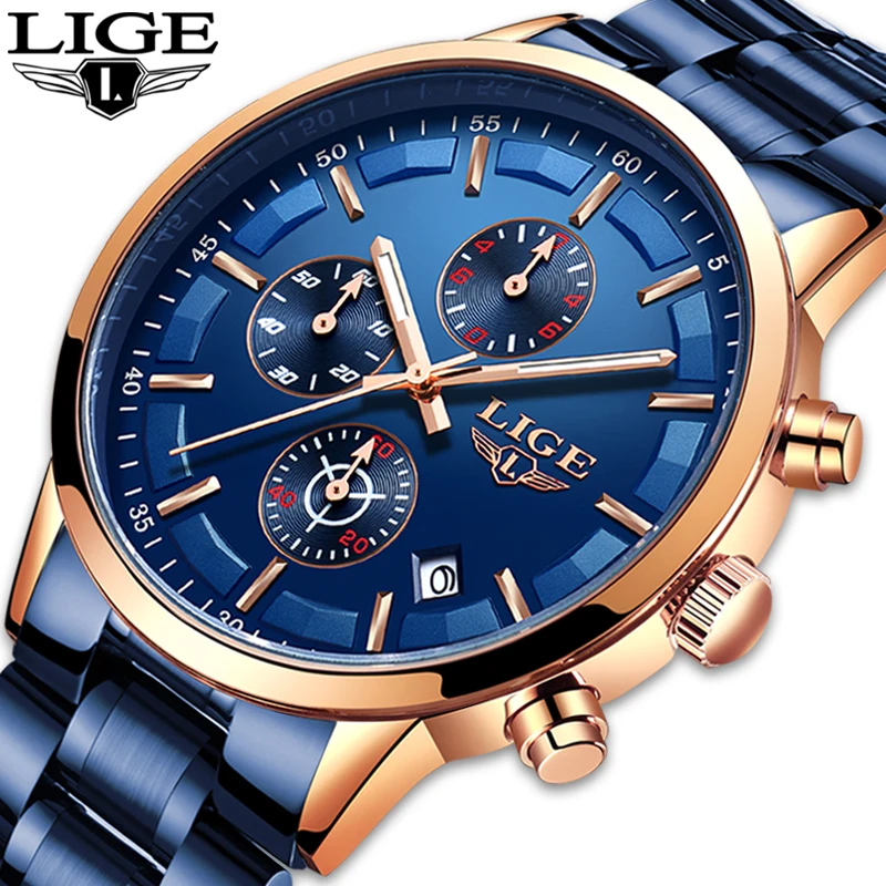 LIGE, новинка, модные мужские часы из нержавеющей стали, Топ бренд, роскошные спортивные часы с хронографом, кварцевые синие часы для мужчин, Relogio Masculino