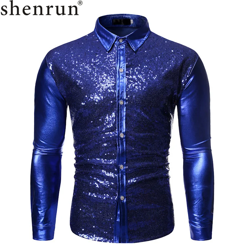 

Shenrun Men Long Sleeve Shirts Sequins Gold Stamp Fashion Casual Shirt Singer Host Drummer Stage Show Costumes Party Prom Dress