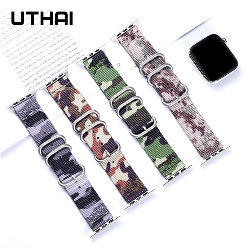 

UTHAI P51 Band For Apple Watch Series 3/2/1Nylon braided camouflage strap For iwatch series 4/5 40MM 44MM