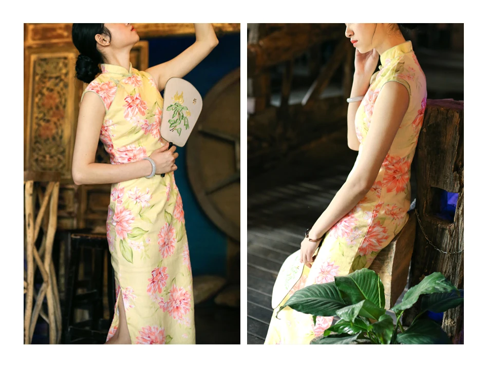 Полуметр желтый низ принт большие цветы хлопок лен ткань для cheongsam платье рубашка материал T716