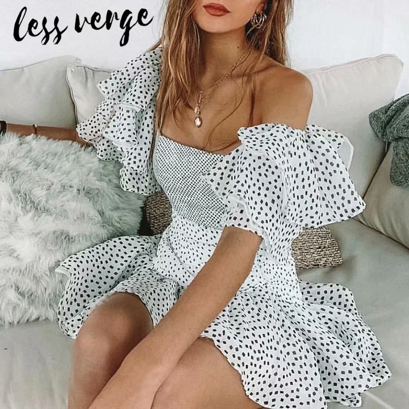 

lessverge Dot white mesh ruffles summer dress Sexy off shoulder chiffon party dress Women elegant boho beach dress robe femme