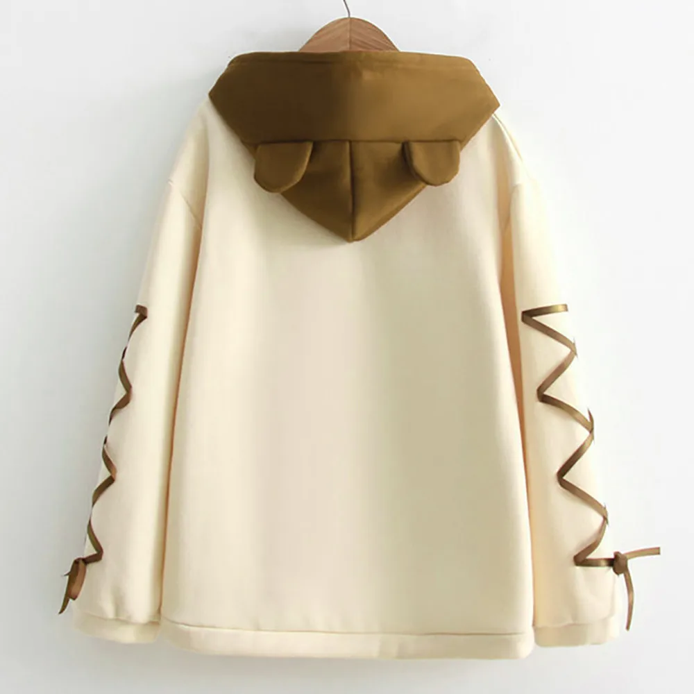 Women Wear A Bear Cap Top Long Sleeve With A Ribbon Hair Ball Cute Sweater 2