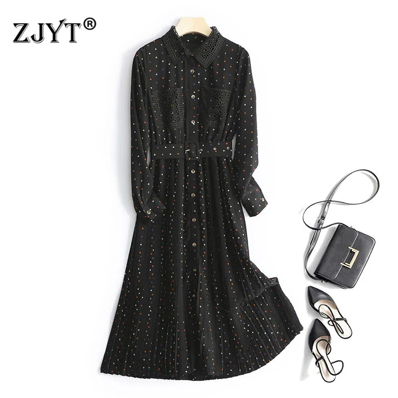 

High Quality Spring Runway Dress 2020 New Fashion Women's Long Sleeve Lace Collar Print Black Casual Dresses