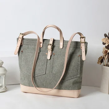 

women Pepper Salt Canvas Shoulder Bags with Vegetable Tanned Leather handbags fashion ladies handbags