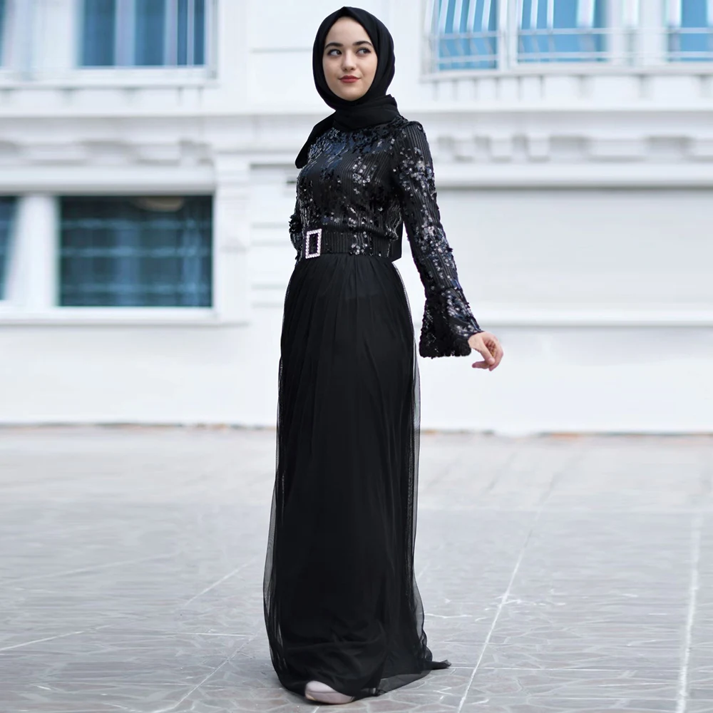 Женское мусульманское Длинное Макси-платье с блестками, элегантное дамское вечернее коктейльное платье-кафтан, приталенное дубайское арабское платье с поясом