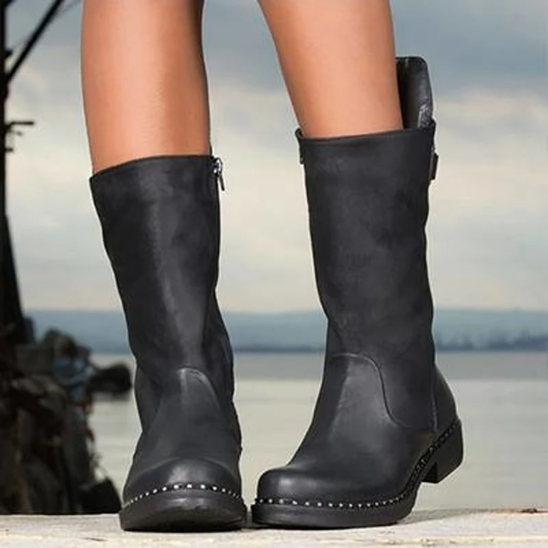 PUIMENTIUA/модные женские ботинки до середины икры; botas zapatos mujer; зимняя обувь из искусственной кожи; большие размеры 35-43