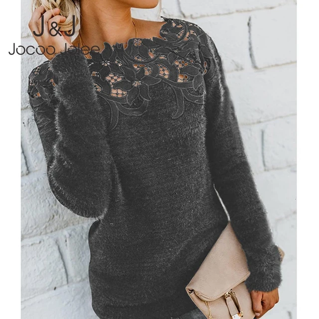US $7.24 Jocoo Jolee Women Sexy Lace Slash Neck Fleece Patchwork Sweater Elegant Plush Pullover Causal Warm 