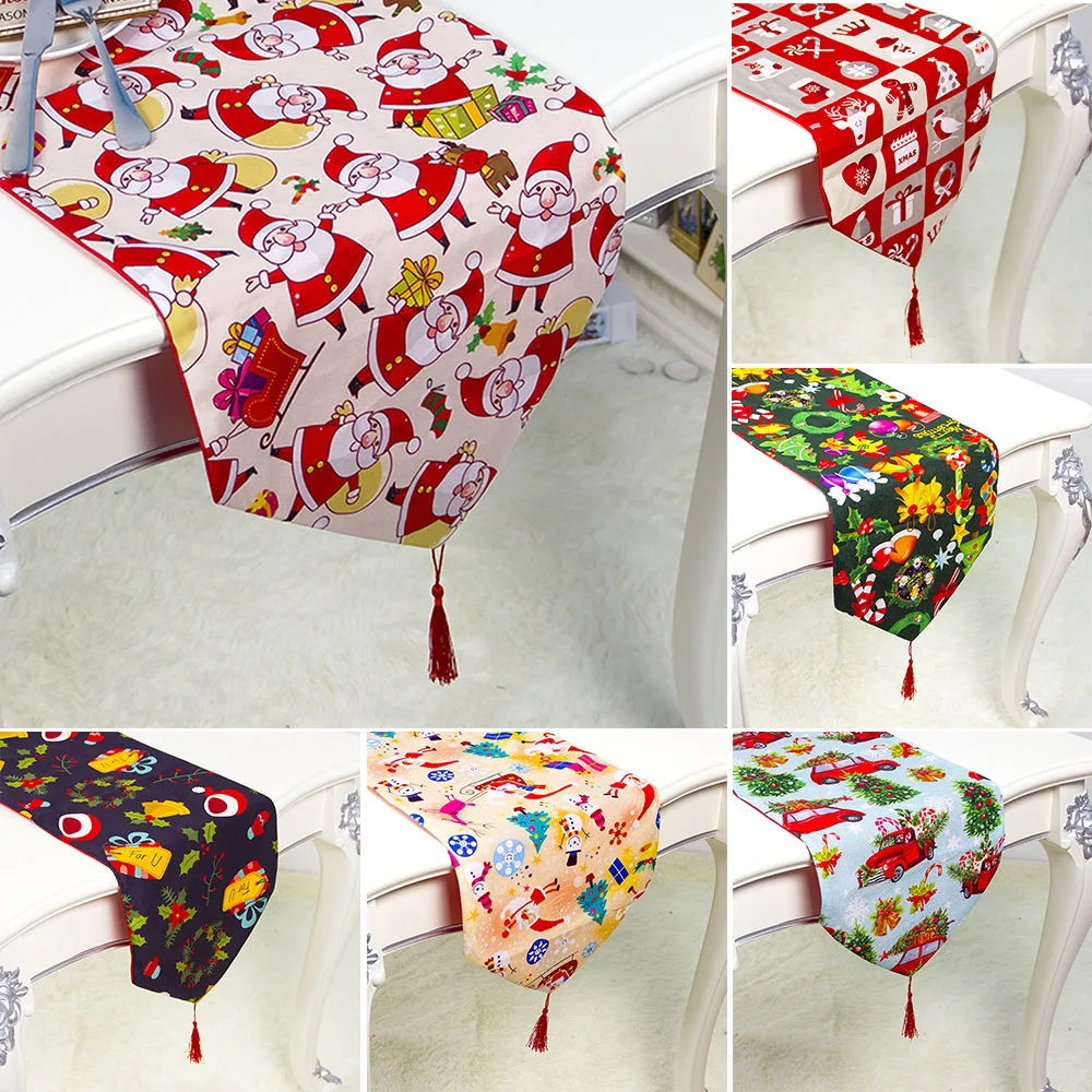Christmas Table Runner Elk Snowman Xmas Tablecloth Home Party Decor 35*180cm Christmas Display Landscape Layout