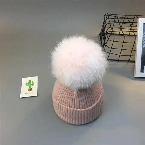Pink Cap Новая теплая зимняя шапка с помпоном для маленьких девочек, шарф, комплект, натуральный шарик из меха лисы, теплые вязаные шапки для мамы и ребенка, шапочка для родителей и ребенка - Цвет: Pink Cap