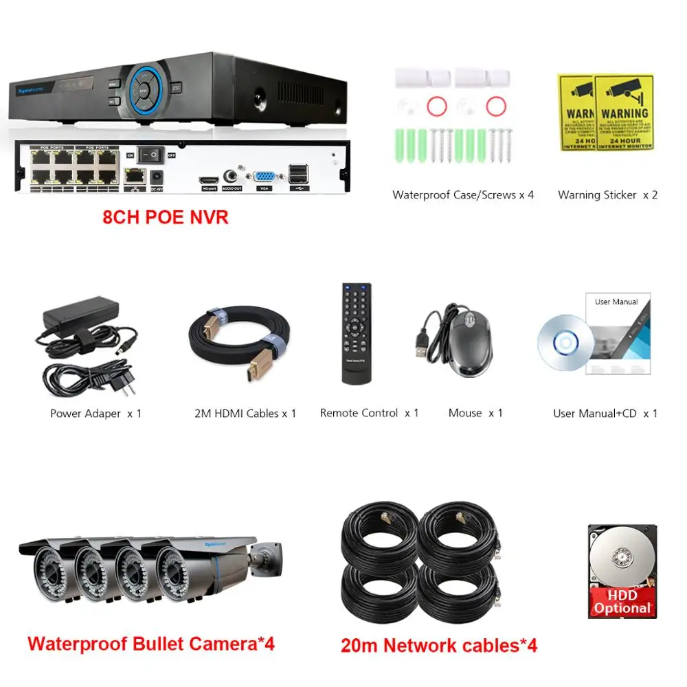 4 Camera with Cables TOPROHOMIE H.265+ 4CH система NVR 5MP POE NVR комплект 4MP IP66 водонепроницаемый 2,8 мм-12 мм зум POE ip-камера 4CH комплект видеонаблюдения - Цвет: 4 Camera with Cables