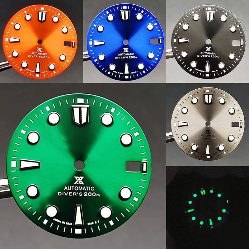 28.5mm Skx007 Nh35 Watch Dial Sun Pattern 3c Green Luminous Dial For