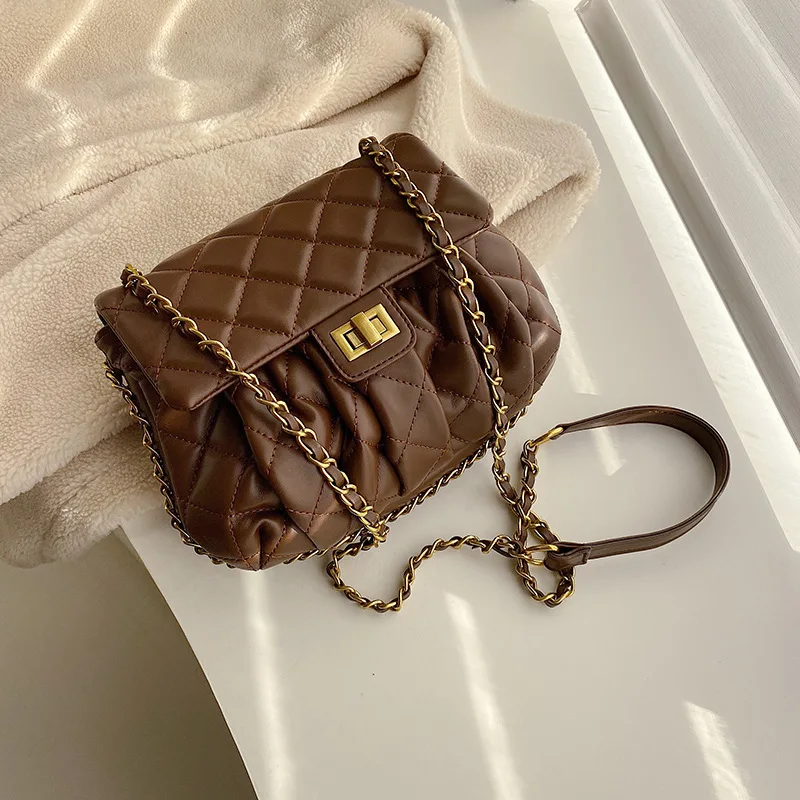

Spring Rhombus Textured Small Fragrant Bag Women's 2020 New Style Korean-style Pleated Versatile Chain Shoulder Square Sling Bag
