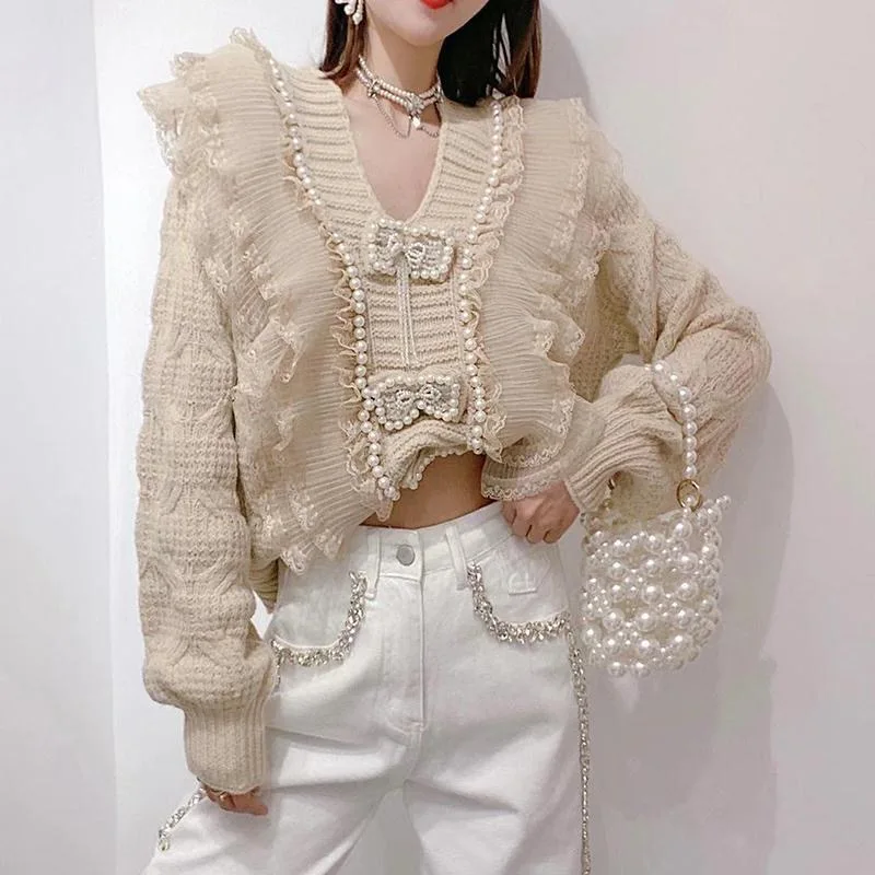 2021 Sweater Korean Sweet Bowknot Pearl Beaded Tassel Lace Stitching Loose Slim Knit Sweater Top Spring and Autumn cute sweaters