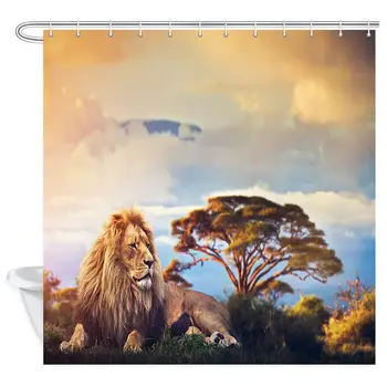 

Lion Shower Curtain for Bathroom, Africa Lion Lying in Grass on Savanna at Sunset Shower Curtains Safari, Fabric Wildlife