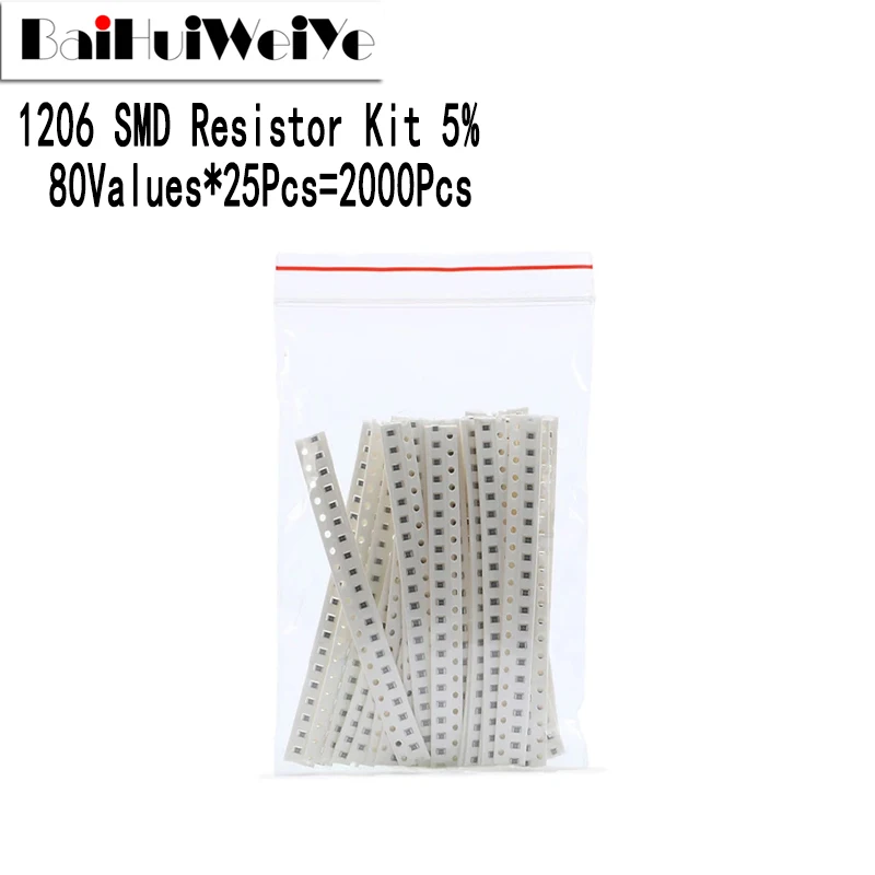 2000Pcs/Lot 1206 SMD Resistor Kit Assorted Kit  Assorted 1R - 1M Ohm 5% 80values*25Pcs Sample Kit DIY Resistance Sample Set