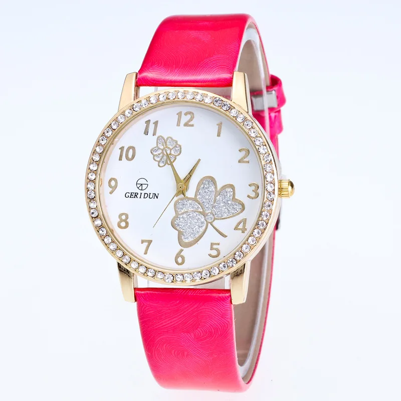 

Hot Selling Casual Fashion Diamond Set WOMEN'S Leather Belt Quartz Watch with Numbers Surface Leaves Flower Fashion Watch