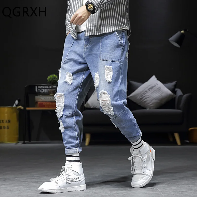 

2019 Men Destroyed Hole Blue Jeans High Quality Hip Hop Sweatpants Fashion Harajuku Japanese Streetwear Casual Men Vintage Pants