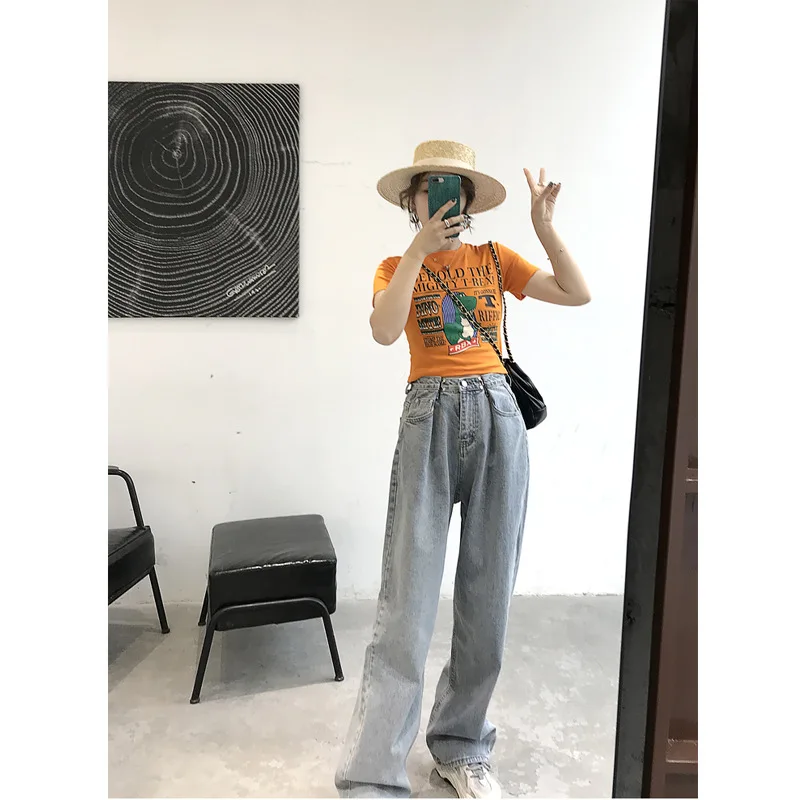 Hyuna, стиль знаменитостей, широкие джинсы, женские, летние, корейский стиль, с высокой талией, штаны для папы, с подвеской, свободные, прямые, Ретро стиль