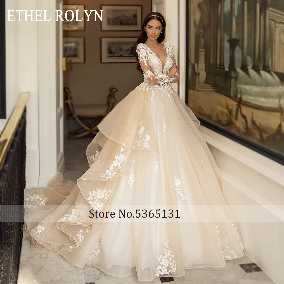 plus size wedding dresses ETHEL ROLYN A-Line Wedding Dress 2022 Princess Long Sleeve V-Neck Beading 3D Flowers Appliques Vintage vestidos de novia beach wedding dresses