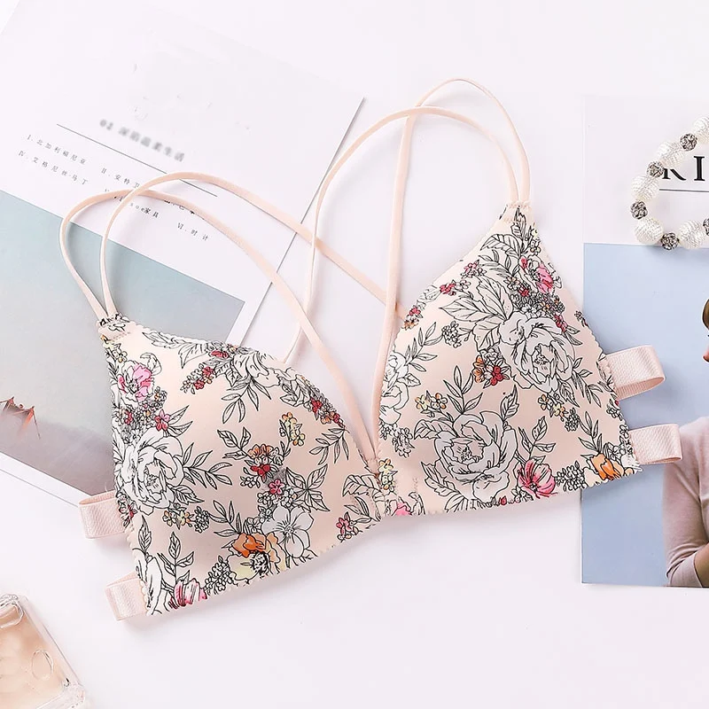Комфортный бюстгальтер пуш-ап с цветочным рисунком, бюстгальтер с пряжкой спереди, беспроводной бюстгальтер, сексуальное женское белье, цветочный бюстгальтер с принтом - Цвет: F