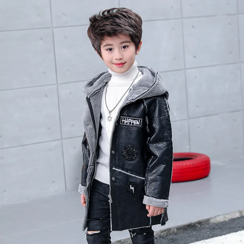 

Winter Fashion Children Jackets Fake Cow Leather Boys Long Coats Plus Velvet Warm Child Outwear Kids Black Hooded Jacket