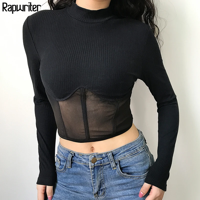 Rapwriter Casual Stand Collar Long Sleeve Mesh Patchwork Sexy T-Shirt Women Harajuku Transparent Crop Tops Tees Party Club